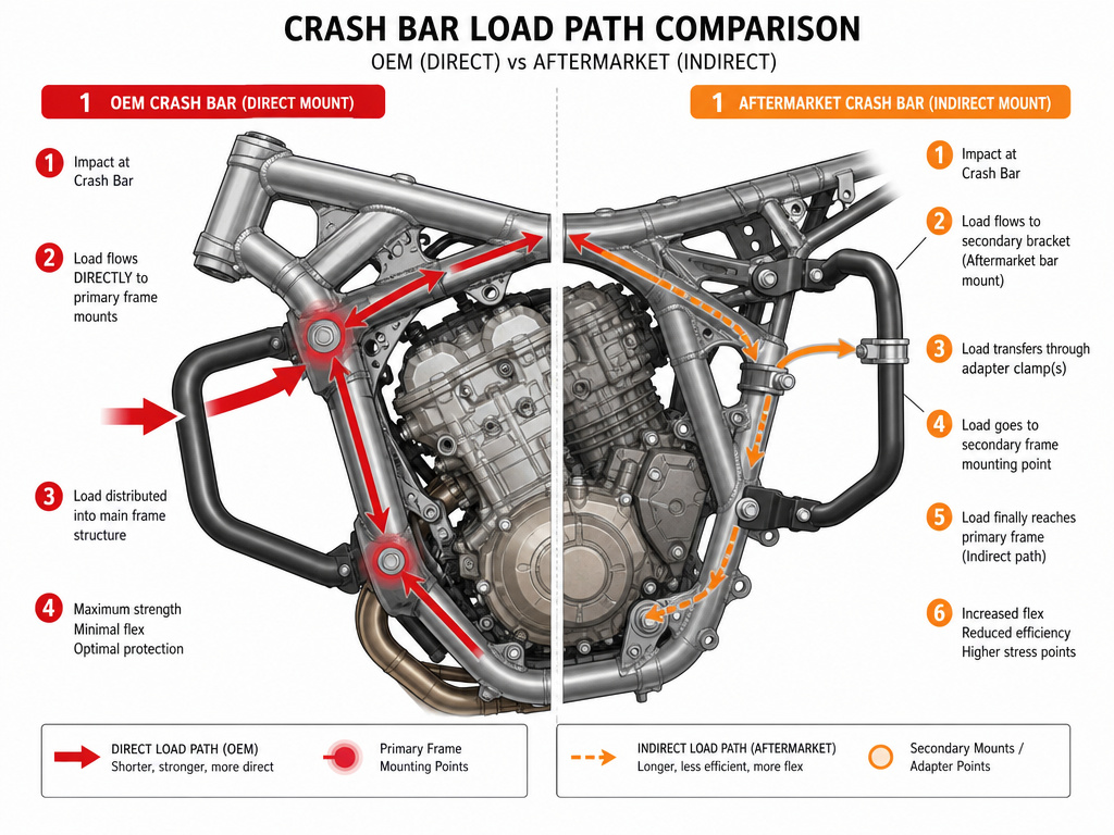 Diagram comparing OEM and aftermarket motorcycle crash bar mounting points and load paths.