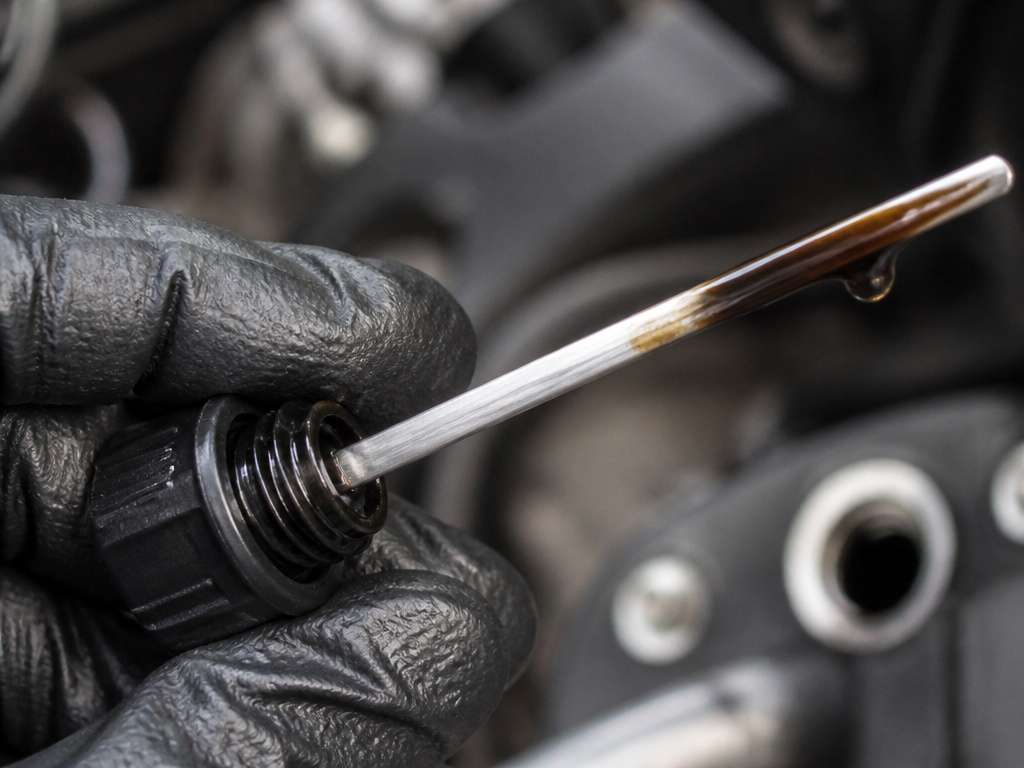 Close-up of dark brown motor oil on a motorcycle dipstick indicating a needed oil change.