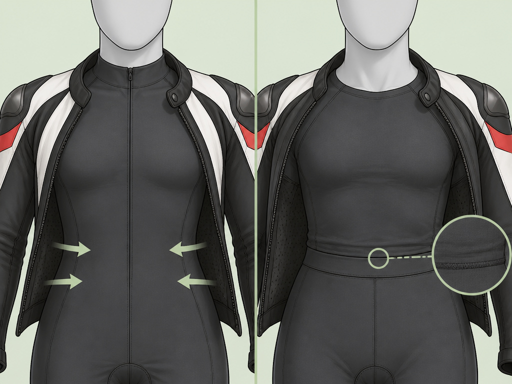Comparison diagram of one-piece versus two-piece motorcycle base layers under leathers.