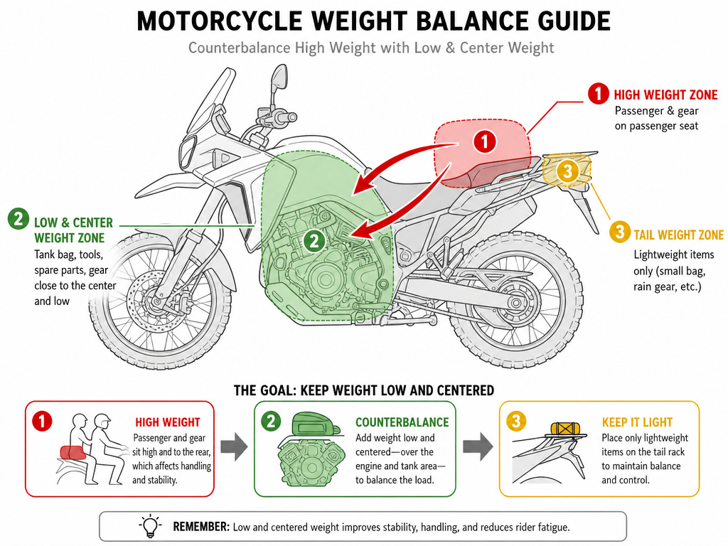 Motorcycle luggage weight distribution diagram for two-up touring.