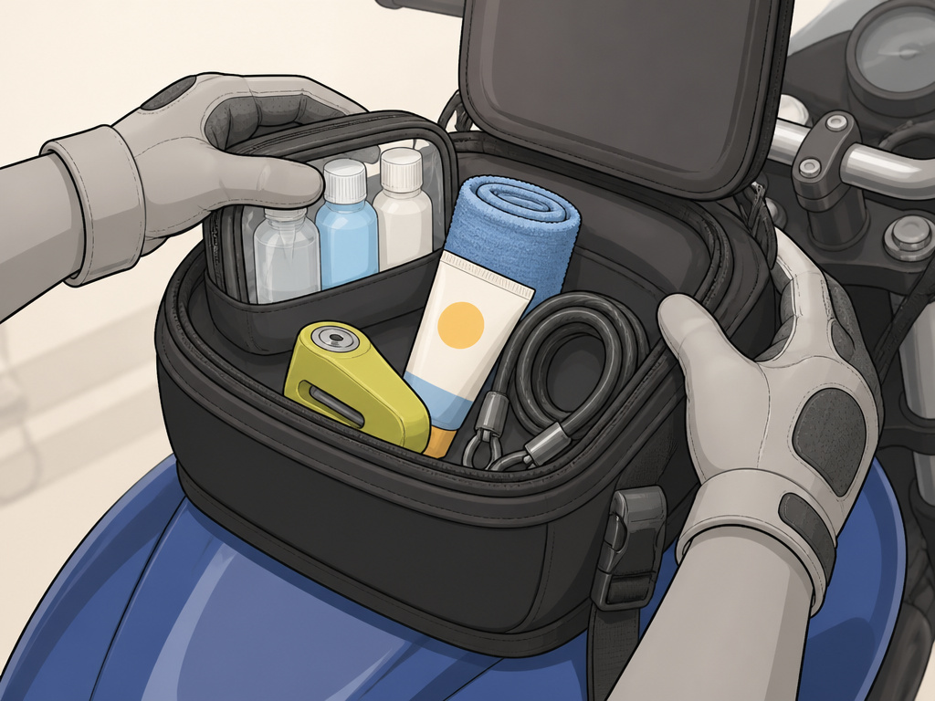 Motorcycle touring personal items being packed into a bike's accessible outer pocket.