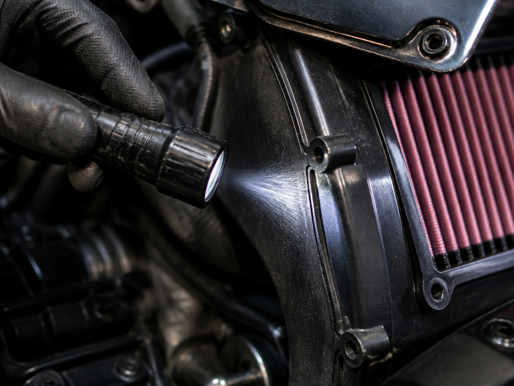 Mechanic inspecting for dust streaks at motorcycle air filter cover seal after installation.