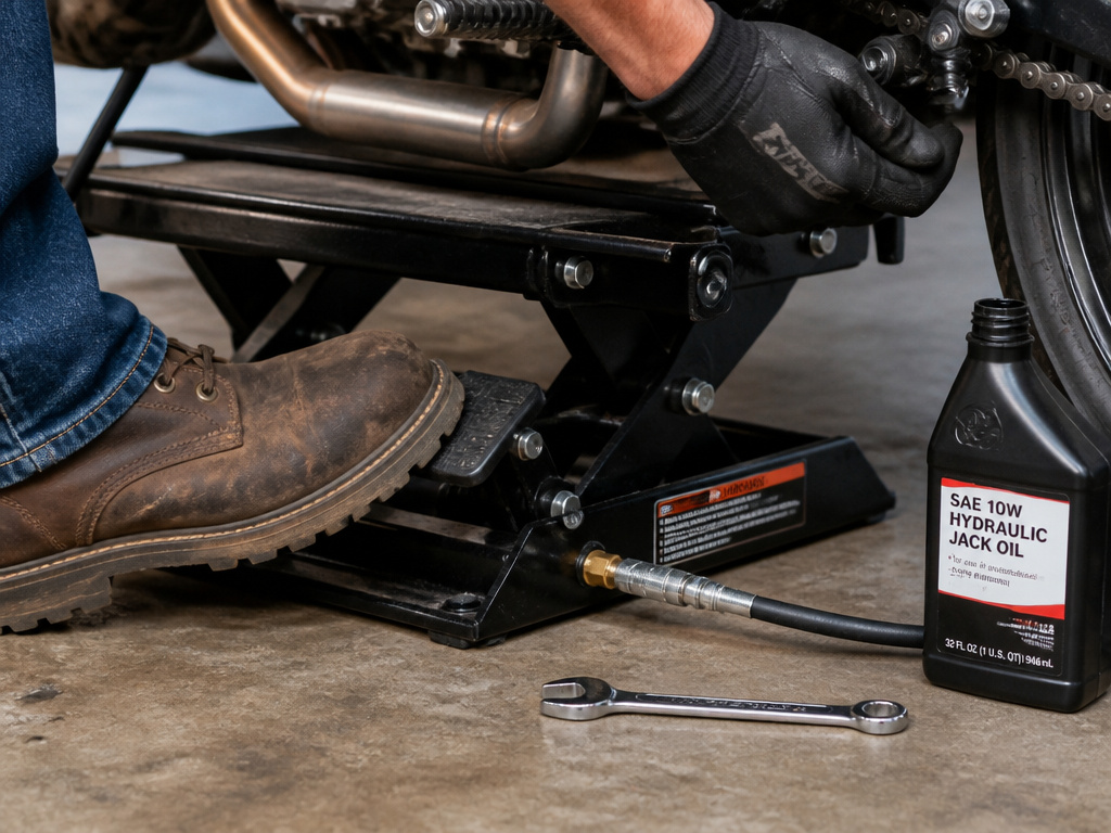 Close-up of foot pump, hand crank, and air compressor operation for motorcycle lift.