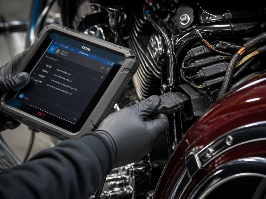 Touring motorcycle diagnostic tool connected for dealer-dependent electronic repair.