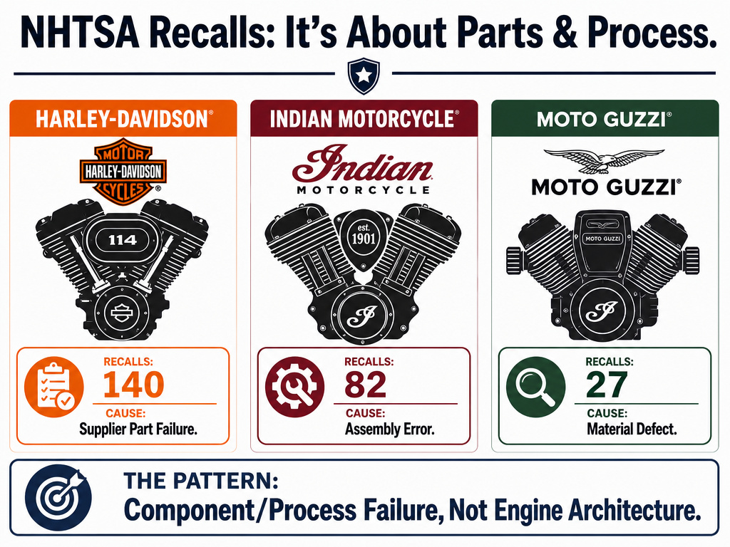 Infographic comparing V-twin motorcycle recall causes from NHTSA data.