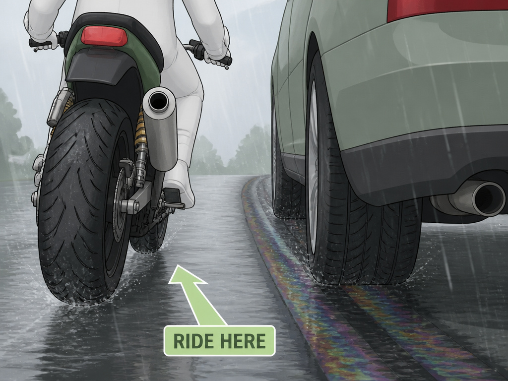 Motorcycle avoiding oily car tire tracks on a wet road in the rain.