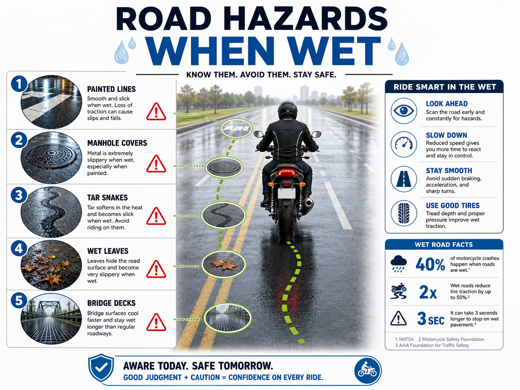 Infographic listing slick motorcycle hazards like painted lines and manhole covers in rain.