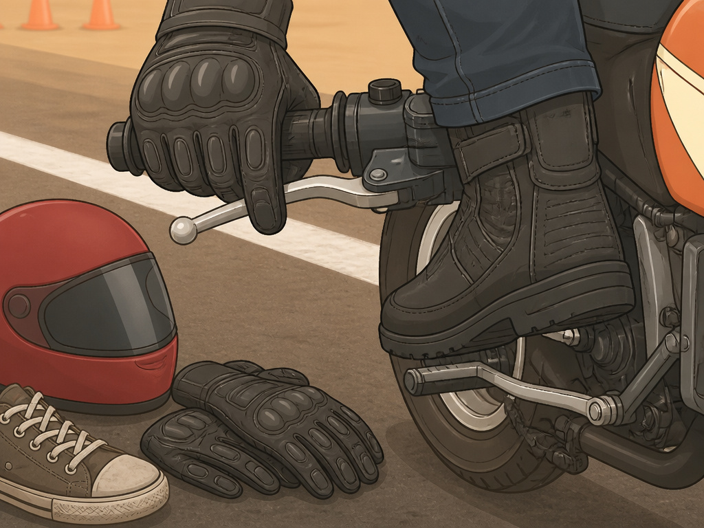 Gloved hand on clutch lever with boots, helmet and gloves for Texas range course