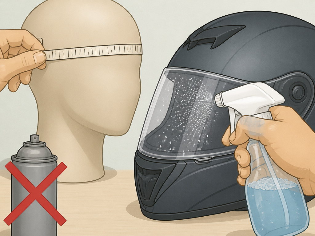 Measuring helmet size and proper cleaning steps for a full-face motorcycle helmet.