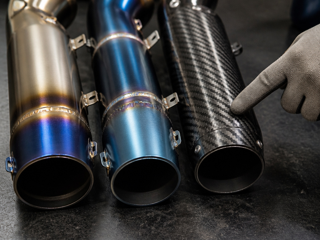Comparison of stainless steel, titanium, and carbon fiber motorcycle exhaust materials.