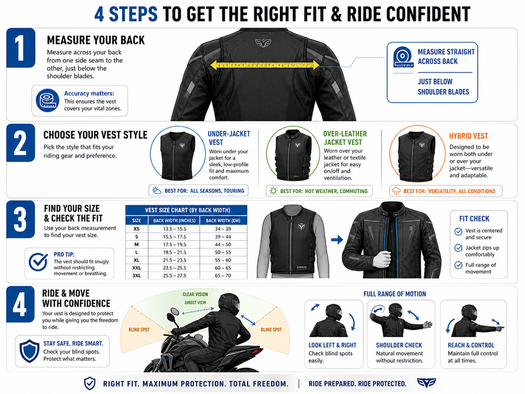 Infographic for choosing and fitting a motorcycle airbag vest over or under a jacket.