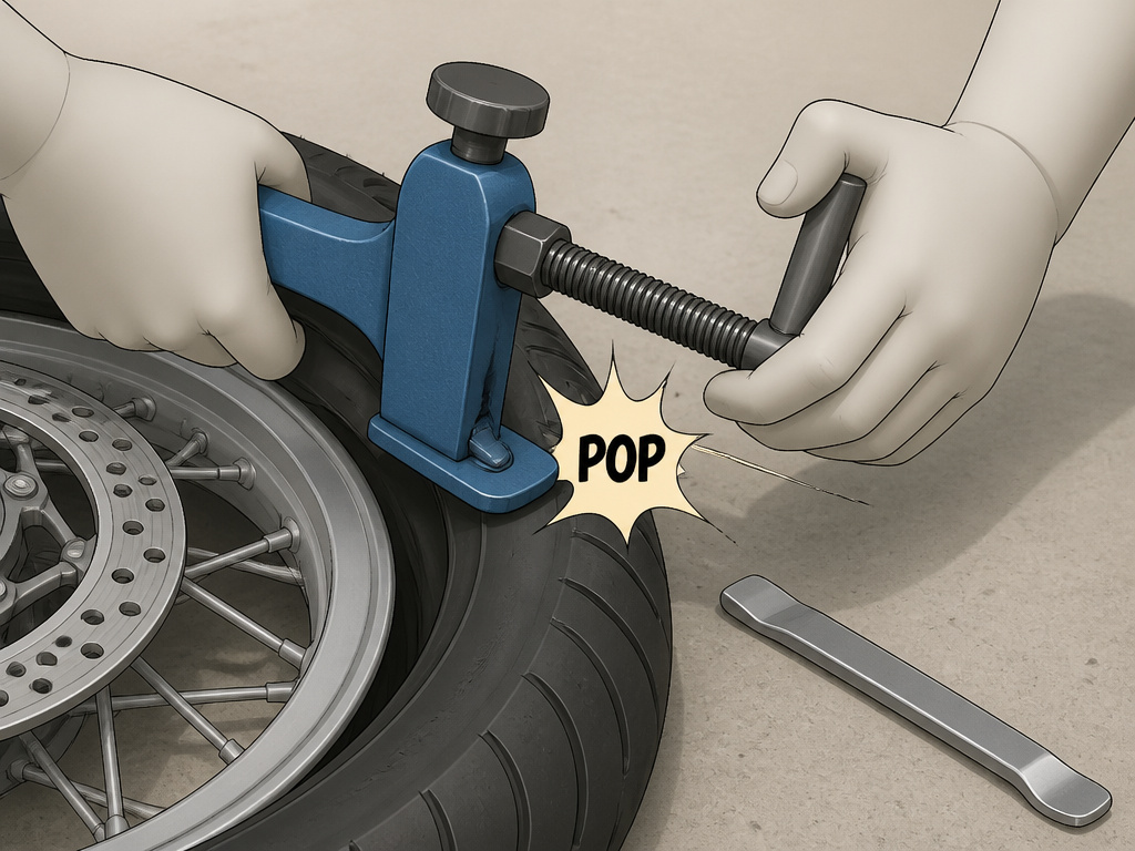 Cartoon diagram of breaking a motorcycle tire bead with proper tool.