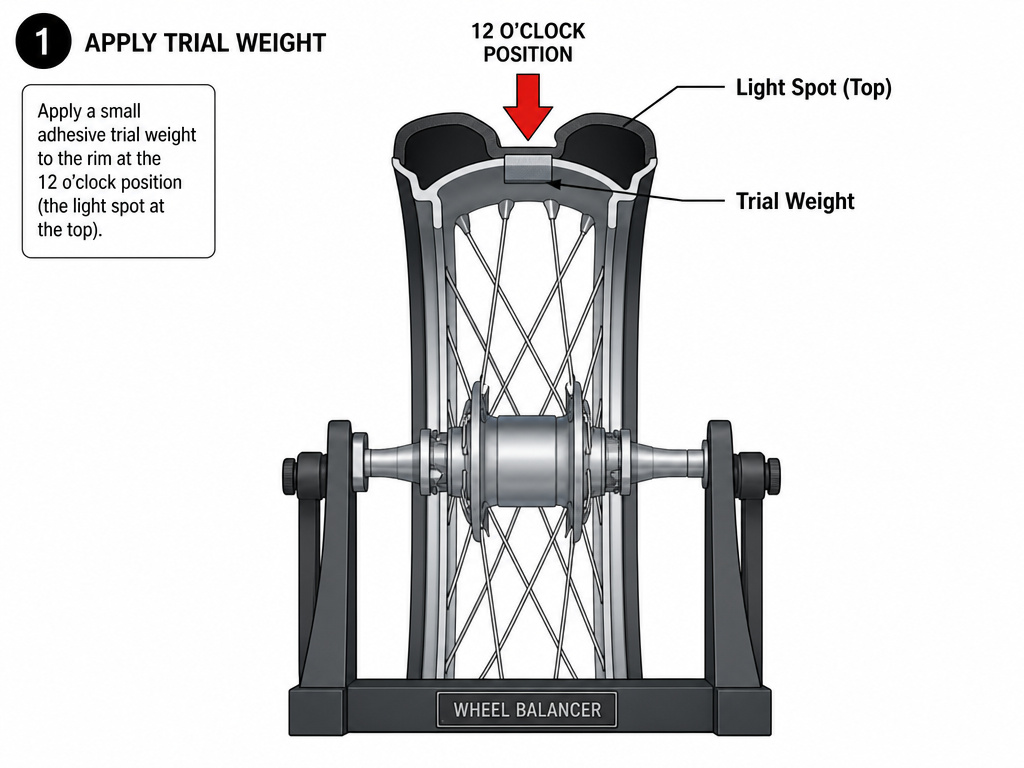 Diagram showing where to place trial weight for static motorcycle wheel balancing.