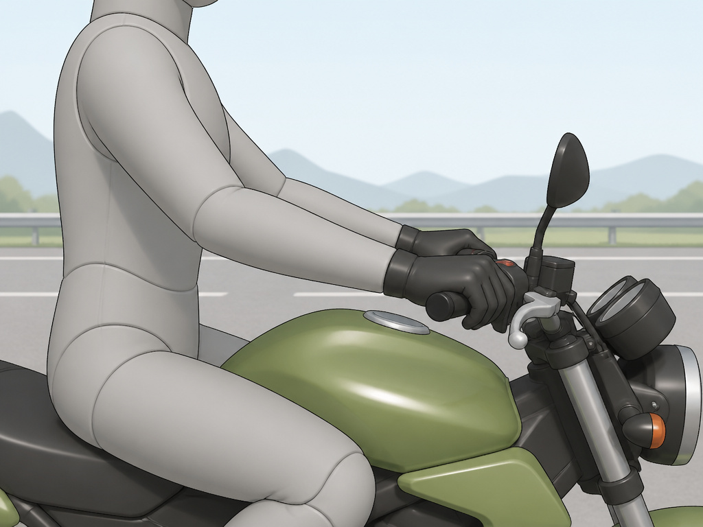 Motorcycle street riding position showing upright posture and knee grip