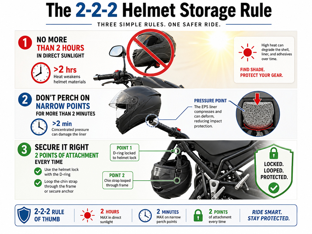 Infographic explaining the three-part 2-2-2 rule for safe motorcycle helmet storage.