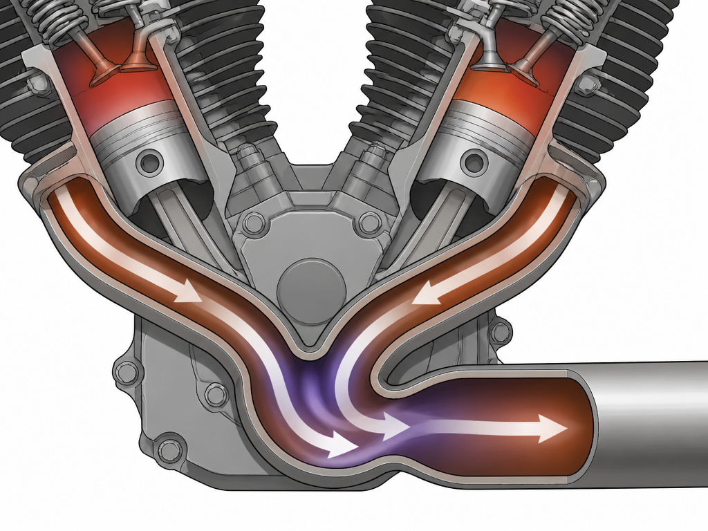 Diagram of a 2-into-1 motorcycle exhaust system showing scavenging effect.
