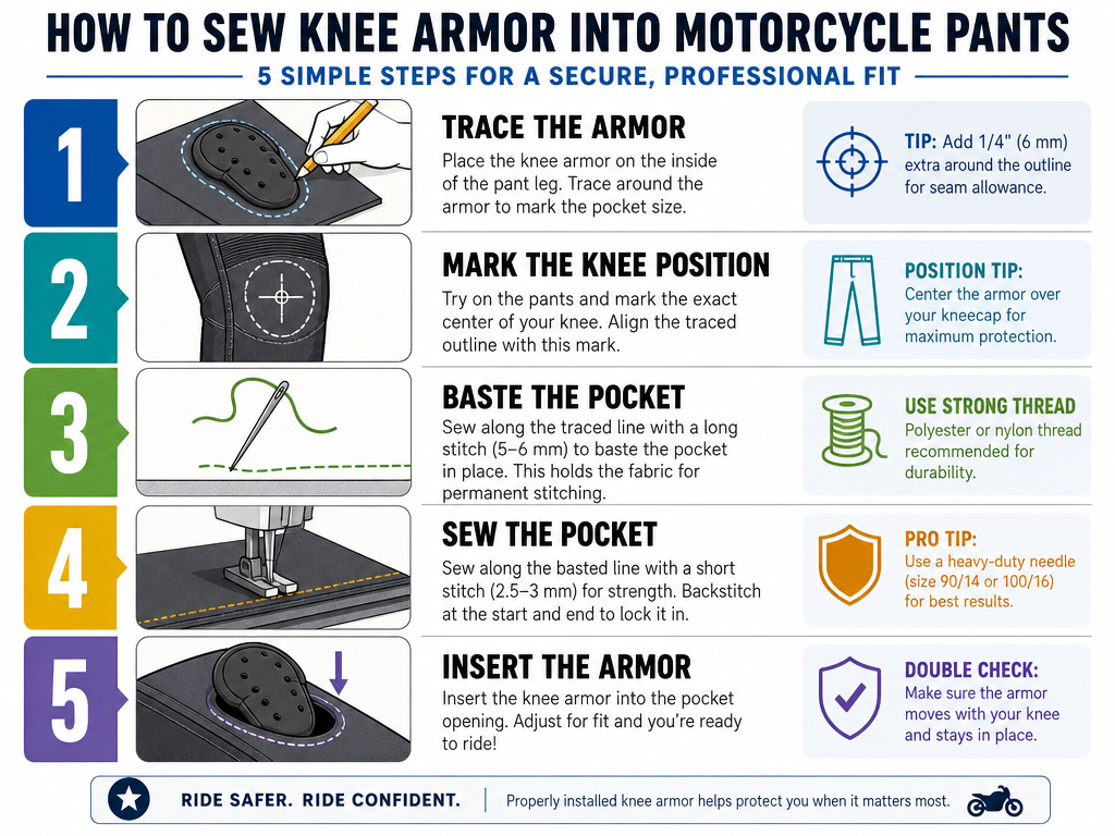 Five-step infographic for sewing a knee armor pocket into motorcycle pants.