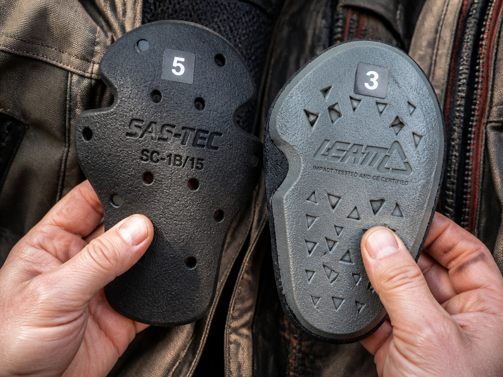 Two motorcycle armor pads with conflicting 3-year and 5-year replacement labels.