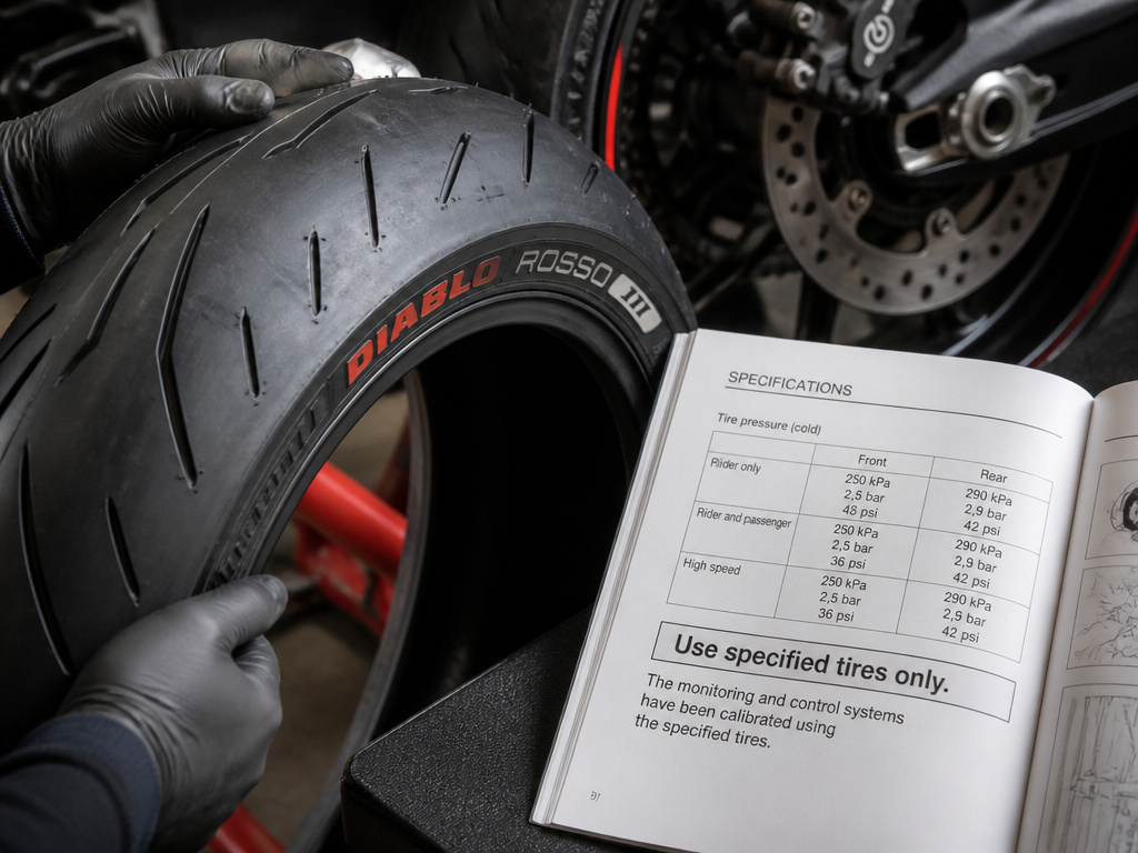 Motorcycle traction control calibration for specific tire brand and model close-up.