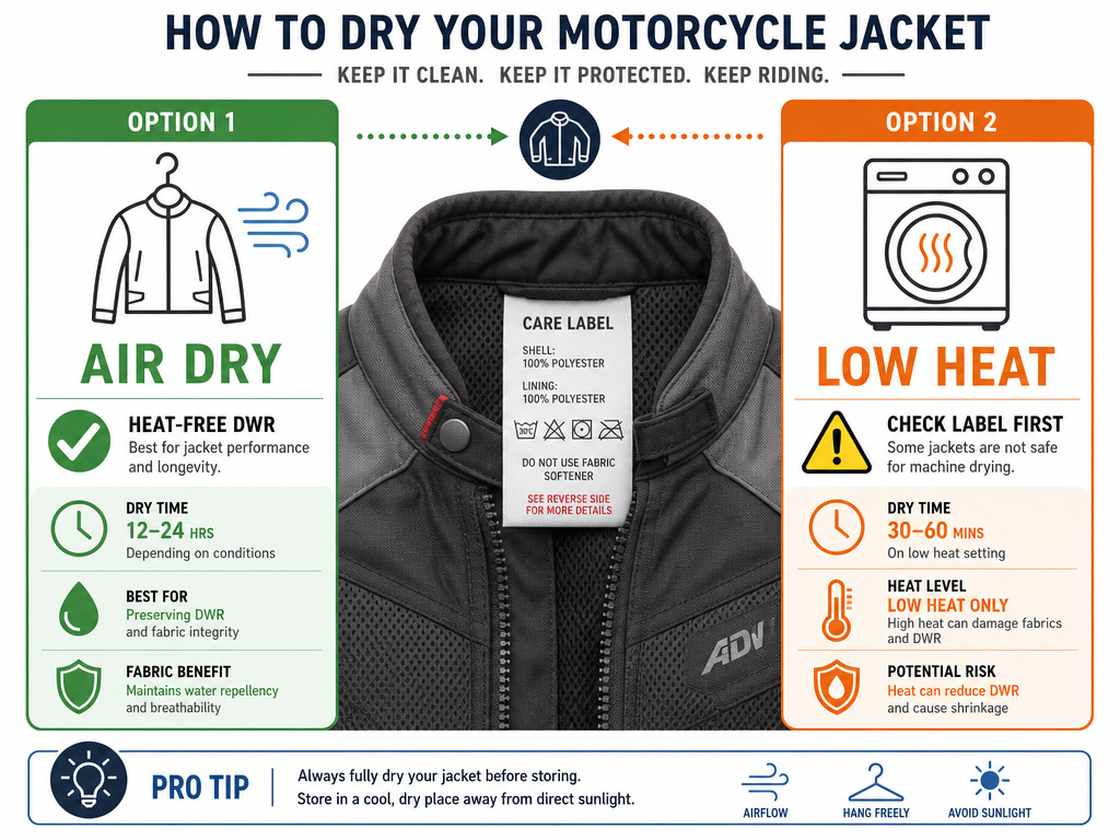 Infographic comparing air drying versus tumble drying a waterproof motorcycle jacket.