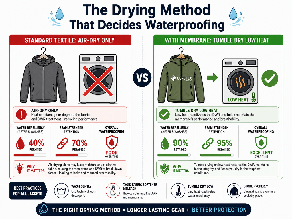 Infographic comparing air-dry versus tumble dry methods for motorcycle jackets.