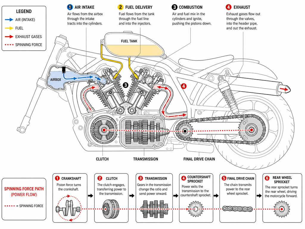 Diagram of motorcycle engine, drivetrain, and power delivery system components.