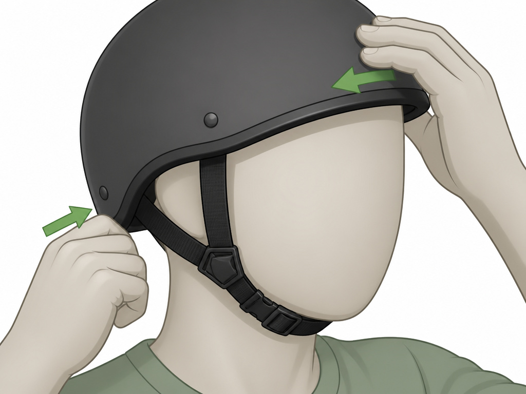 Motorcycle half helmet fit check with hands testing retention and chin strap.