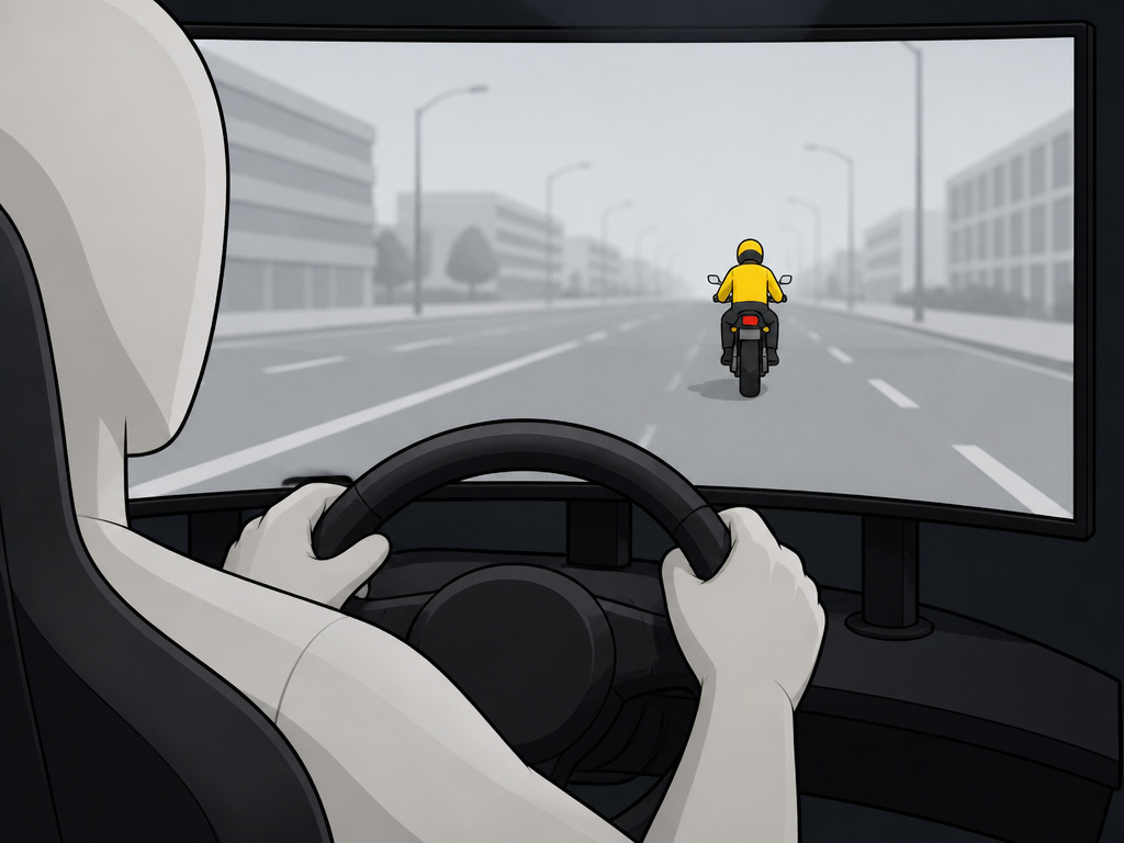 Simulator view of a distant motorcyclist in a bright yellow helmet for visibility study.