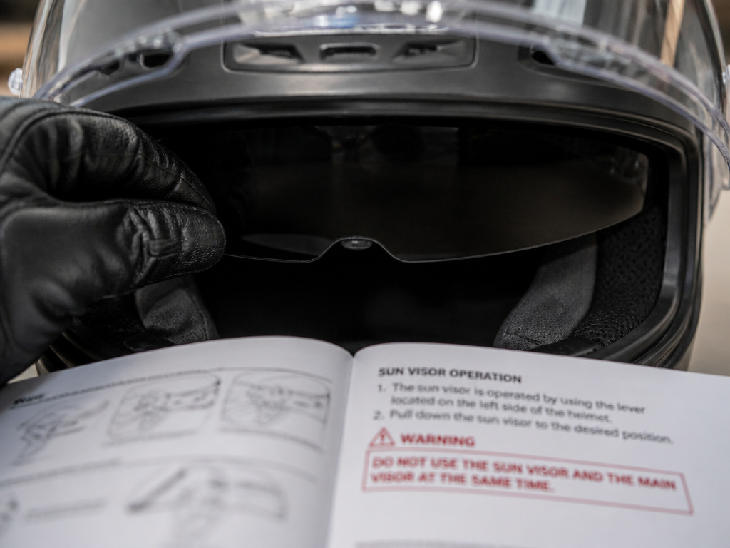 Close-up of internal sun visor being deployed with clear outer shield and open warning manual.