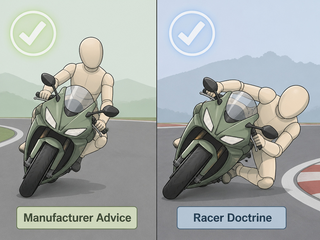 Motorcycle rider body positioning comparison: upright street style versus aggressive track hang-off.