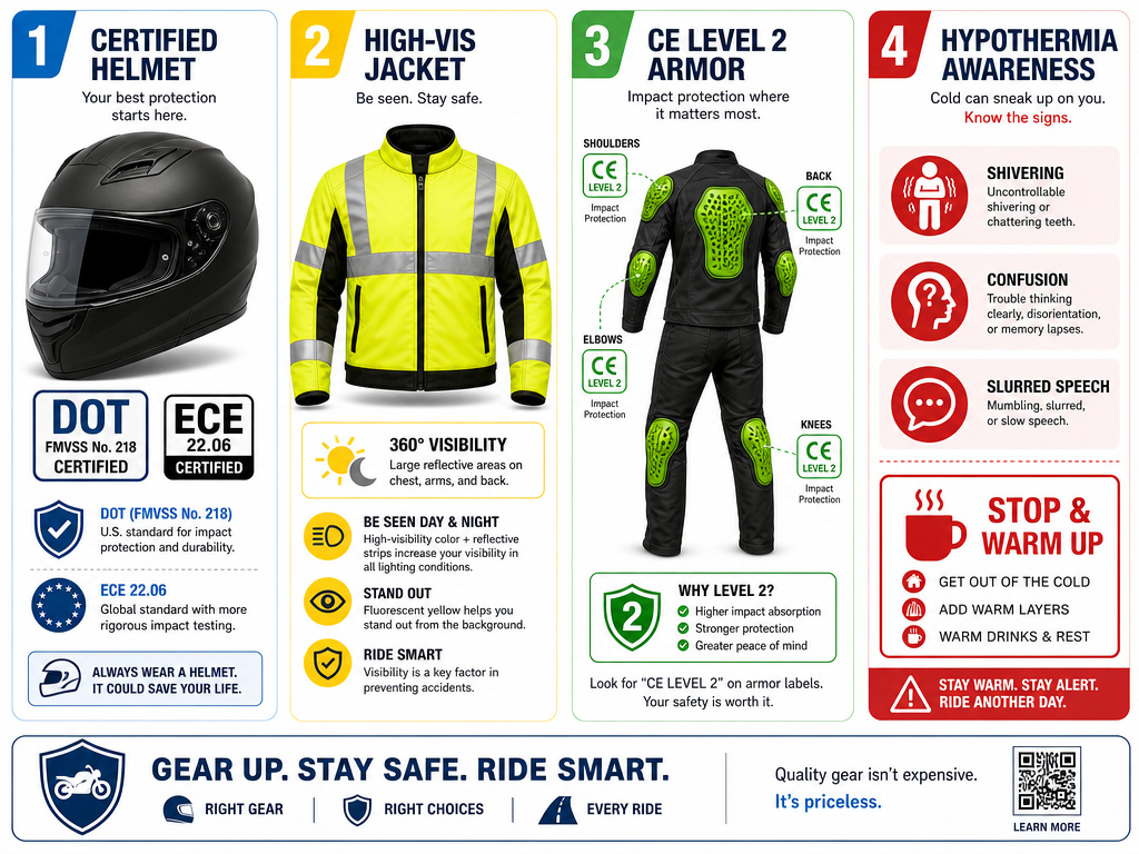 Infographic on essential cold weather motorcycle gear: helmet, visibility, armor, hypothermia.