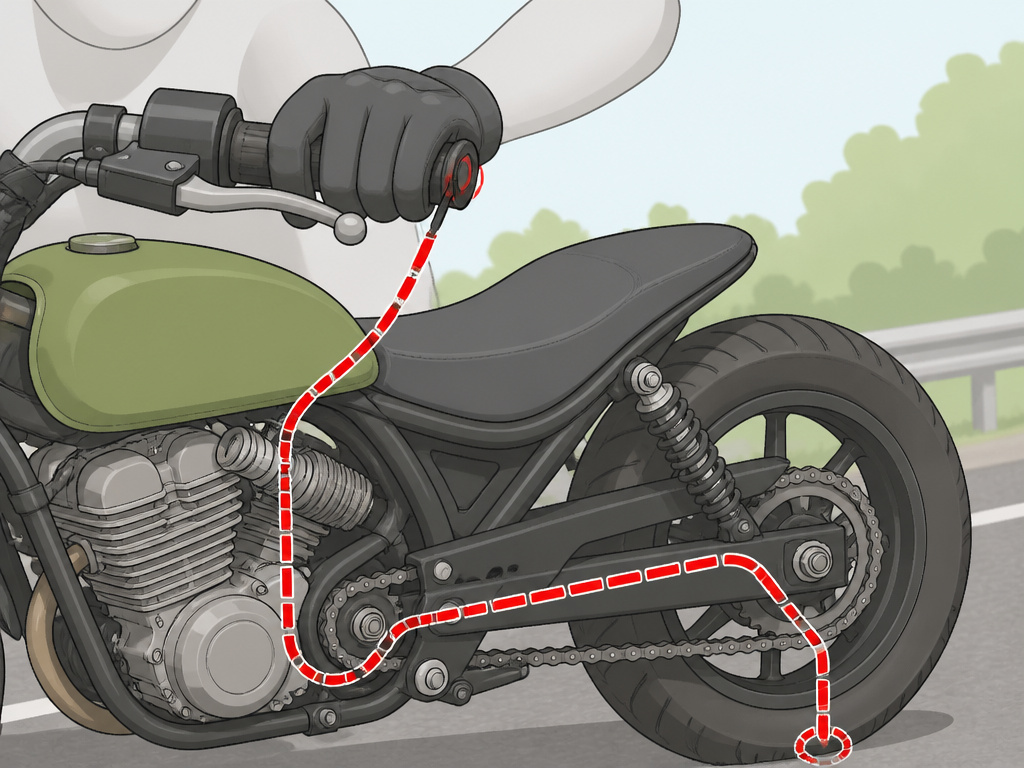 Cartoon diagram tracing the force path from motorcycle throttle to rear tire.
