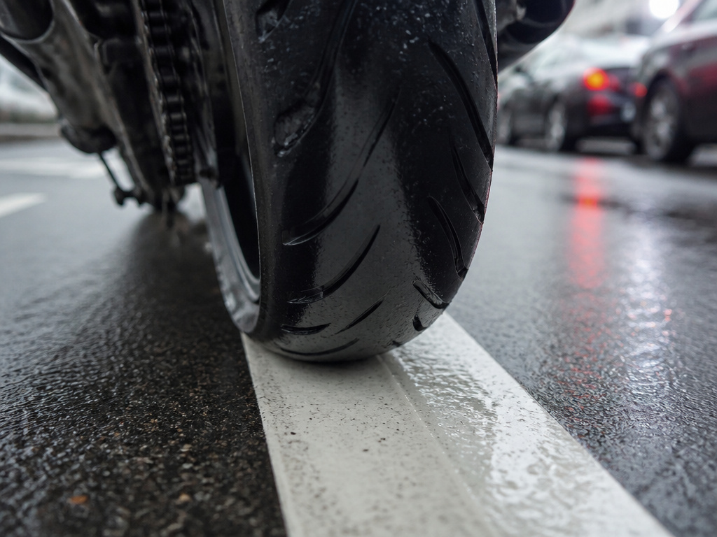 Motorcycle tire on a wet, slippery painted lane line during lane splitting.