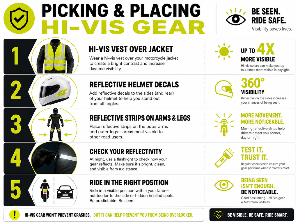 Infographic on selecting and positioning high-visibility motorcycle safety gear.