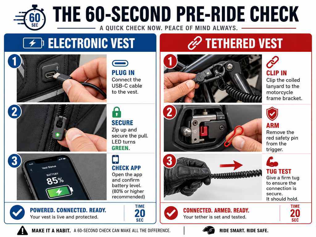 Infographic checklist for electronic and tethered motorcycle airbag vest safety.