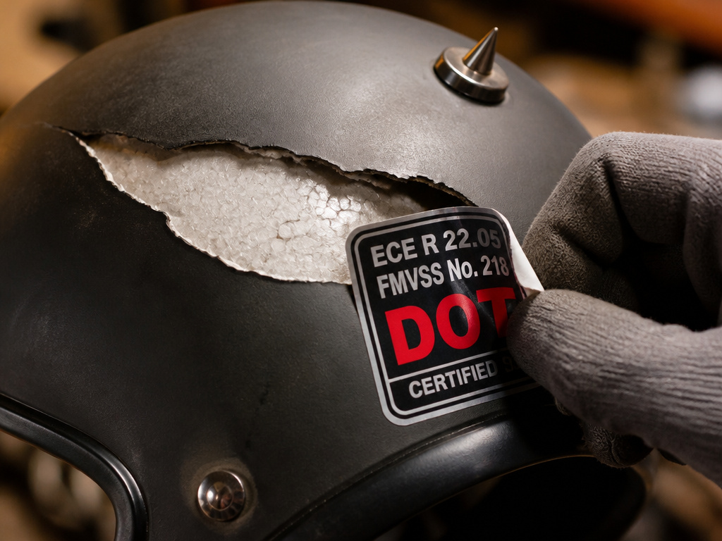 fake DOT sticker on novelty motorcycle helmet certification close-up