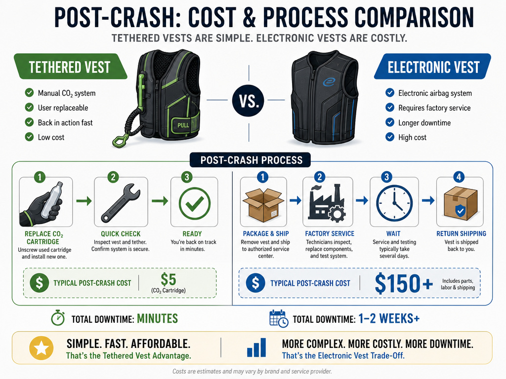 Cost infographic comparing tethered versus electronic motorcycle airbag vest servicing
