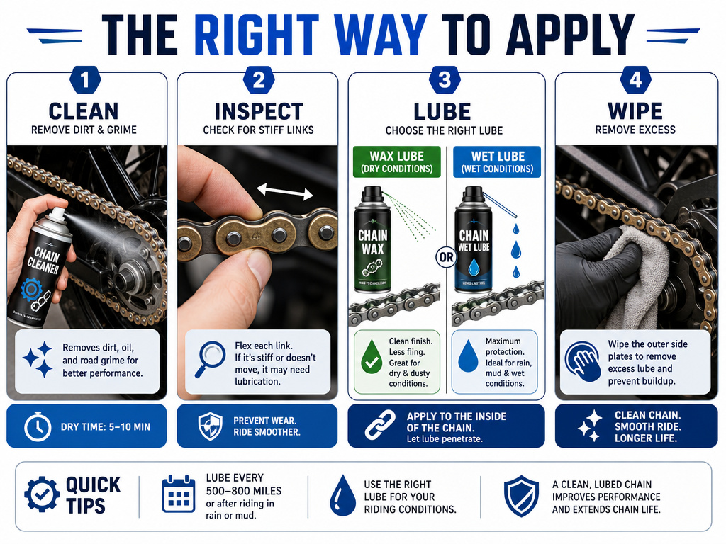Step-by-step infographic for applying motorcycle chain wax or chain lube correctly.