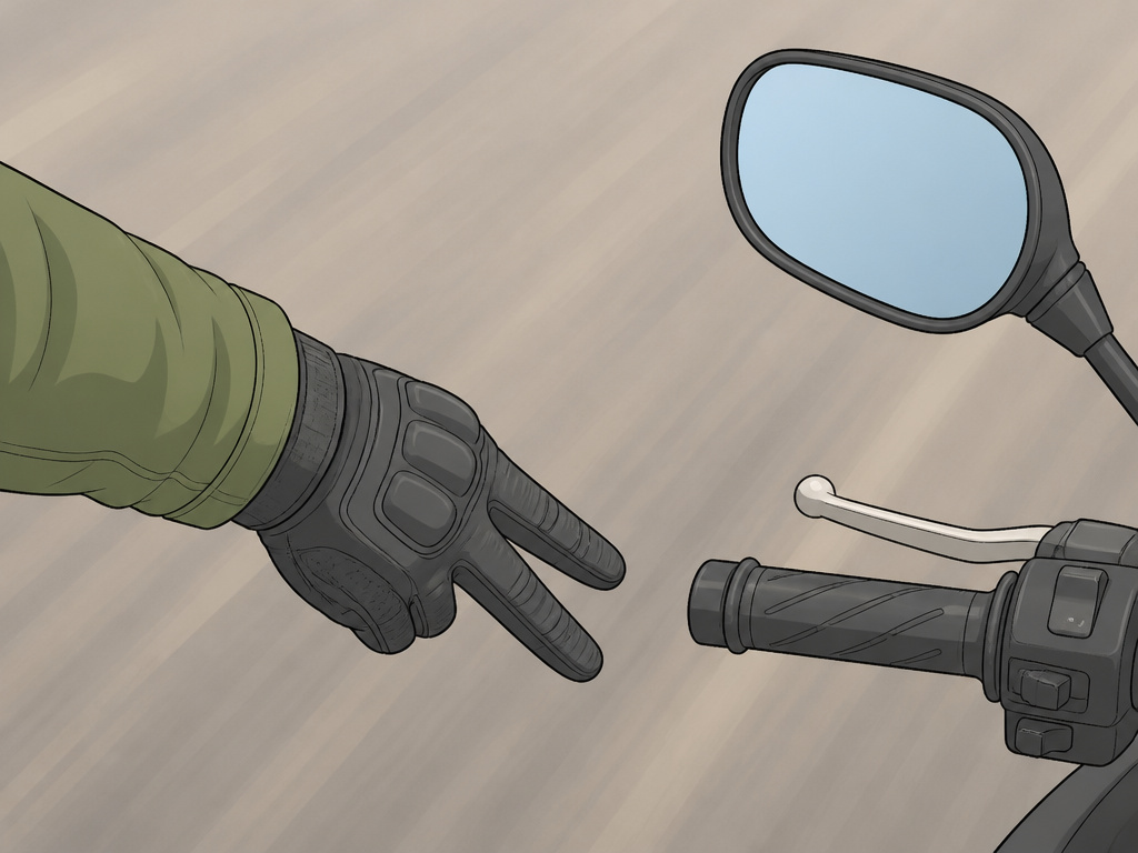 Motorcycle rider giving the two-finger wave down for safety and camaraderie.