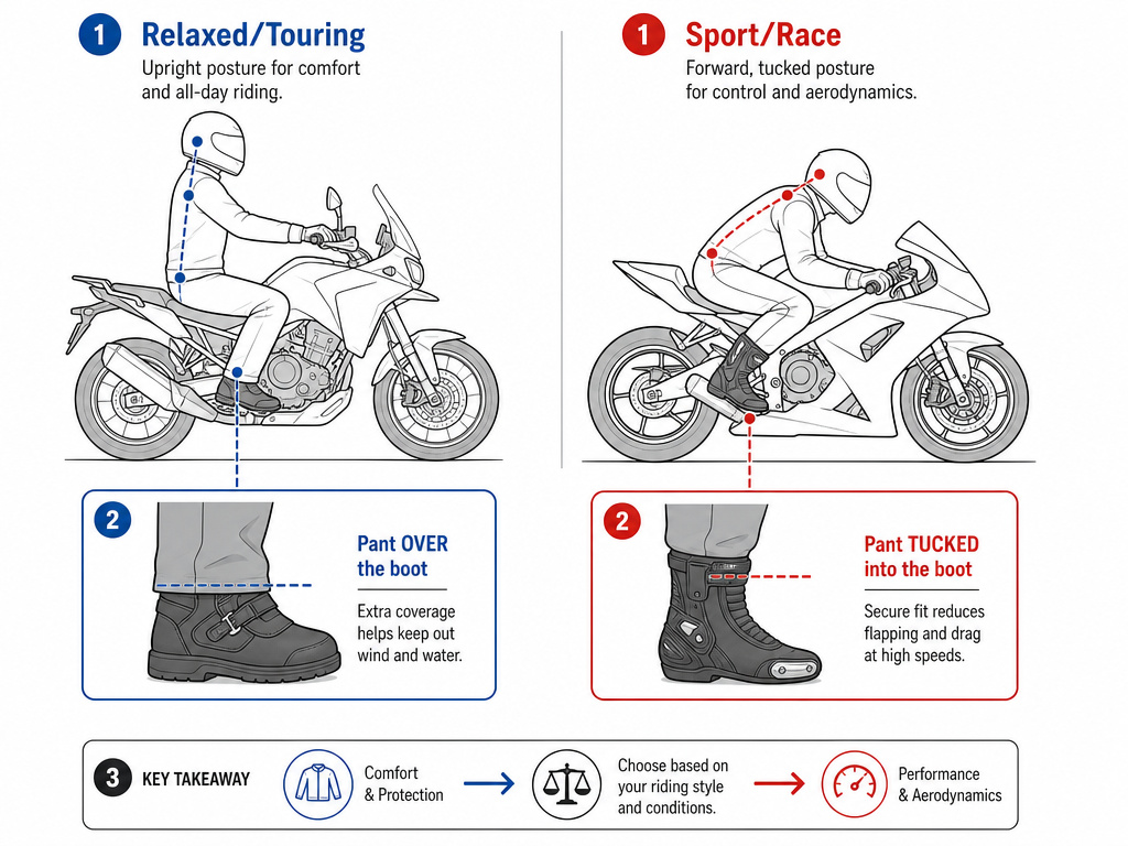 Diagram comparing relaxed over-boot and sport tucked-in motorcycle pant fits