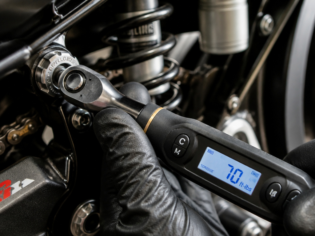 Torque wrench tightening a motorcycle rear shock preload locknut.