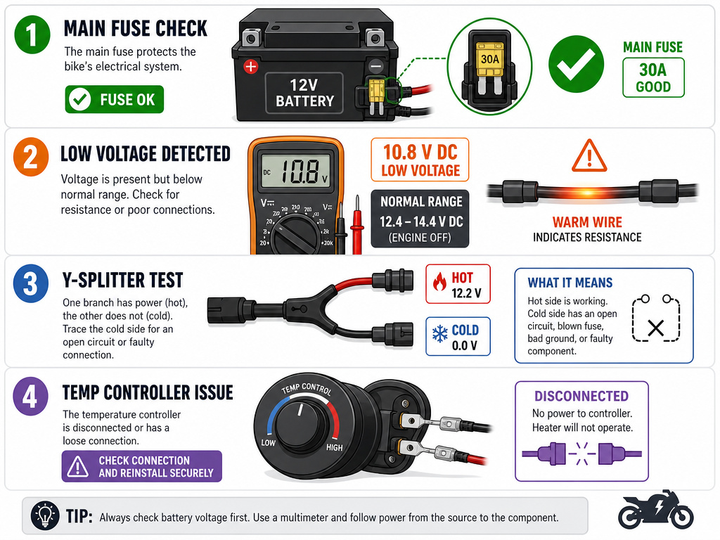 Troubleshooting flowchart for heated motorcycle gear controller electrical issues