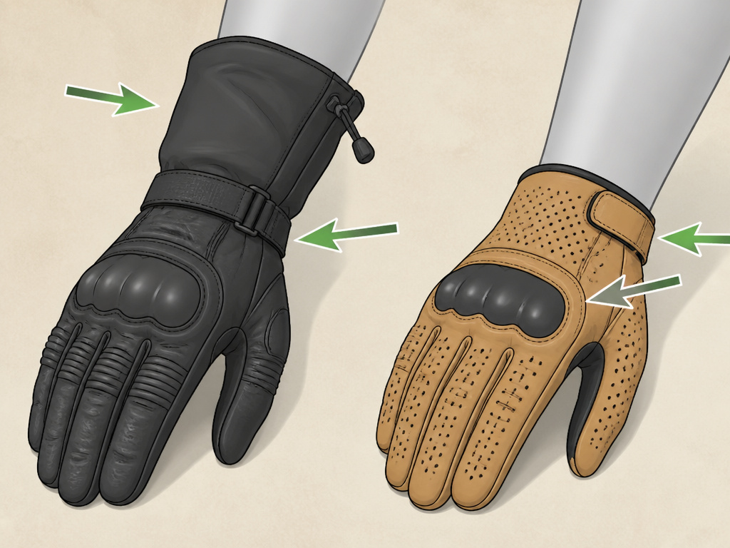 Diagram comparing gauntlet and short cuff motorcycle gloves for different weather and riding styles.