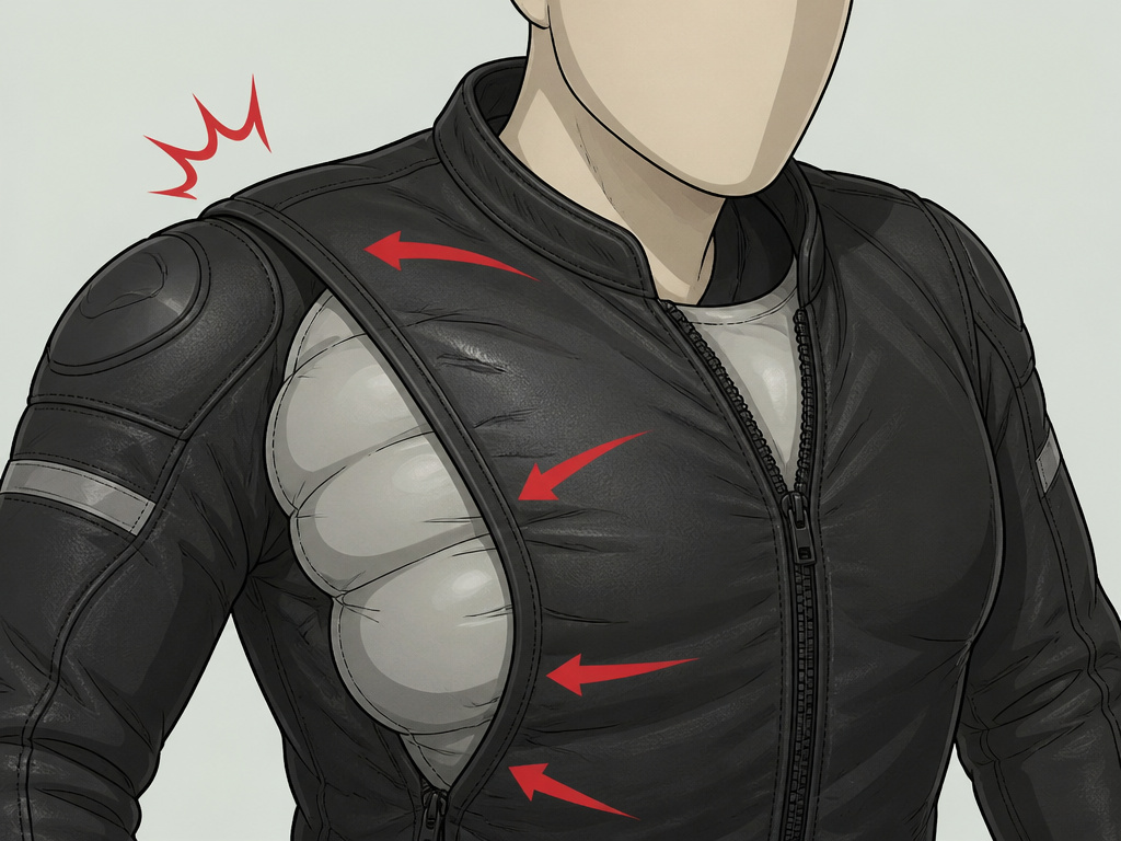 Motorcycle airbag vest restricted by a tight jacket, causing uneven deployment.