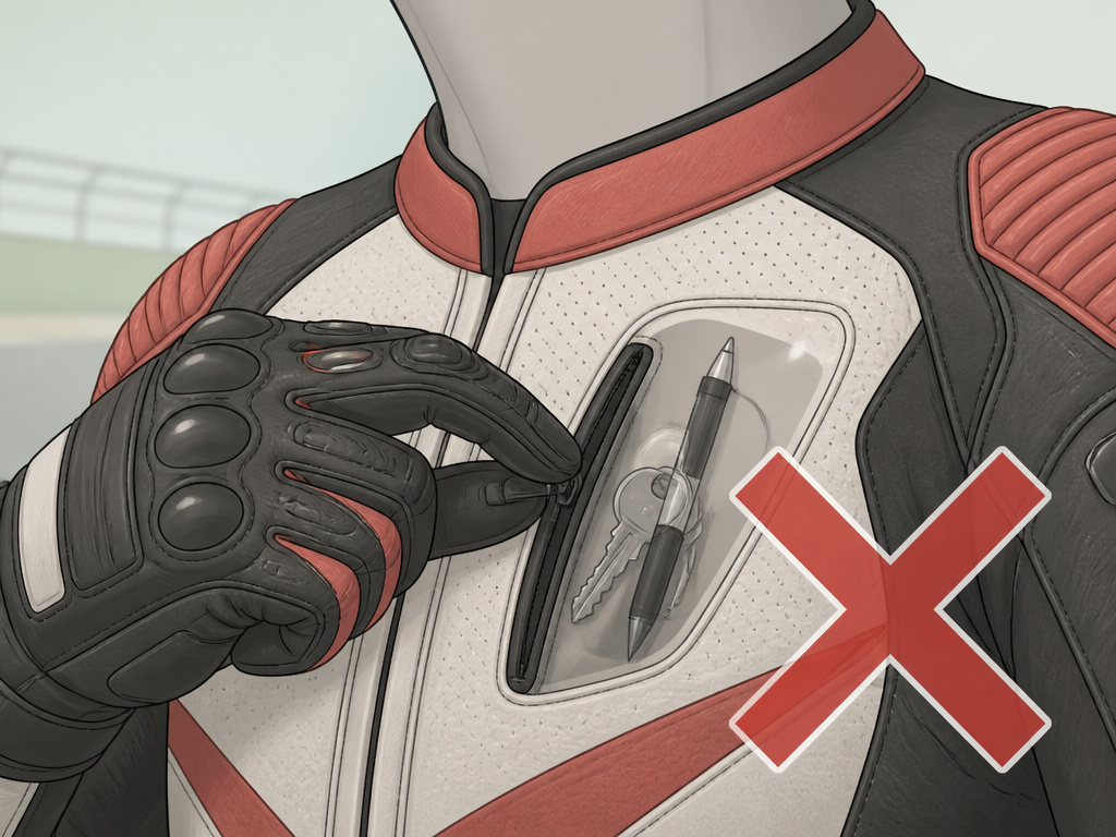 Cartoon warning against using motorcycle race suit pockets while riding.