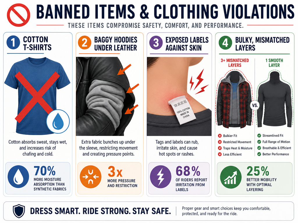 Infographic showing what not to wear under motorcycle leathers for comfort and safety