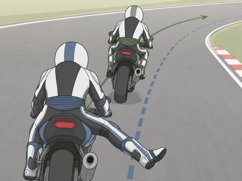 Cartoon of a patient rider signaling to pass safely on a motorcycle track day