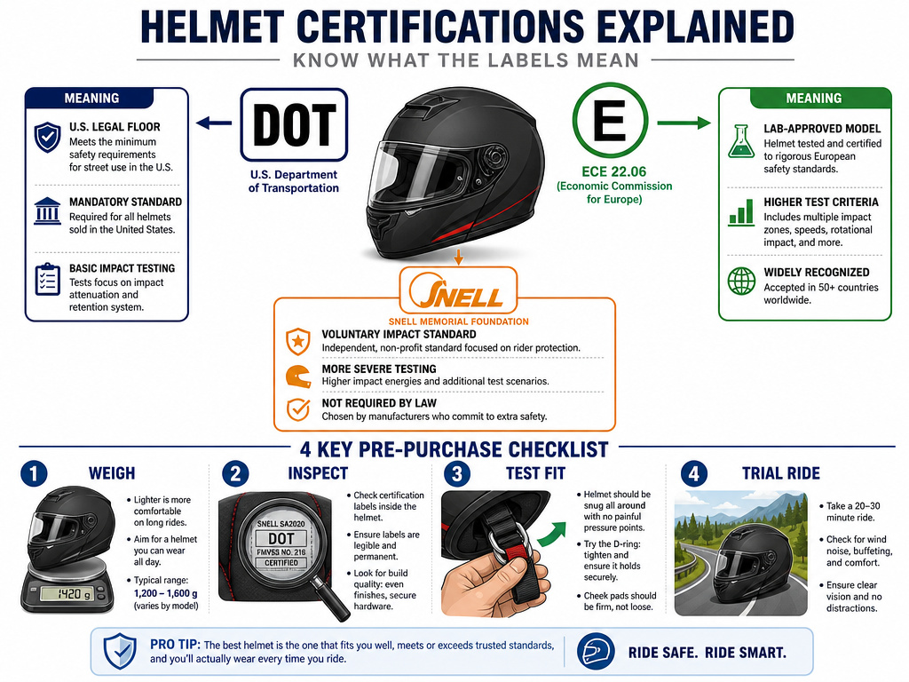 DOT vs ECE vs Snell helmet standards infographic and pre-purchase checklist