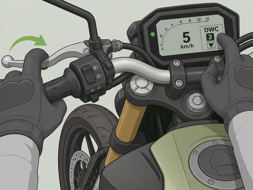Cartoon diagram of adjusting motorcycle electronics during low-speed clutch control.