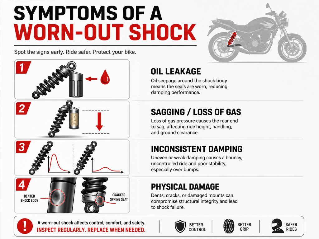 Four diagnostic symptoms for a failing motorcycle rear shock absorber.